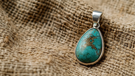 A striking teardrop turquoise pendant is showcased on a rustic fabric background, highlighting intricate details and vibrant color patterns in jewelry.の素材