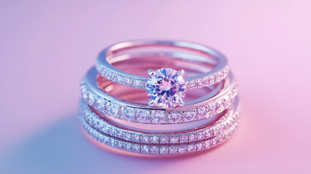 This stunning close-up showcases an elegant collection of diamond rings, highlighting their intricate design and brilliant sparkle against a soft pastel backdrop.の素材