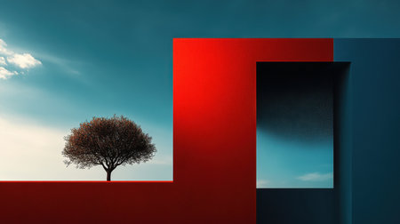 This abstract image portrays a solitary tree positioned against vibrant red and blue shapes under a dramatic sky, emphasizing solitude and creativity.の素材