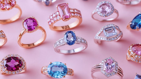 This stunning image showcases a diverse collection of elegant rings adorned with colorful gemstones, set against a soft pink background. Perfect for jewelry enthusiasts.の素材
