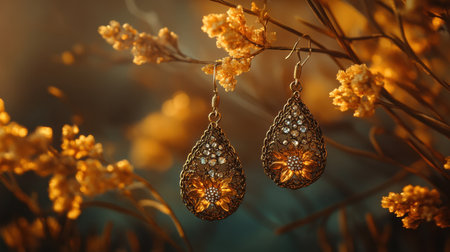 A stunning close-up of elegant vintage earrings adorned with intricate designs, suspended among delicate flowers, capturing a warm and artistic atmosphere.の素材