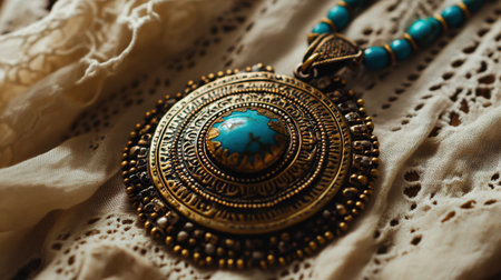 Stunning antique pendant necklace featuring a turquoise gemstone, showcased on an elegant fabric background, perfect for fashion enthusiasts and collectors.の素材