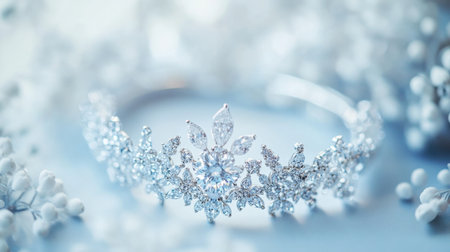 This image showcases an elegant silver crown embellished with sparkling gemstones, set against a soft blue background featuring delicate white flowers.の素材