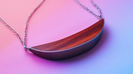 This elegant pendant necklace beautifully combines polished wood with a silver chain, set against a vibrant gradient background, highlighting its unique design.の素材