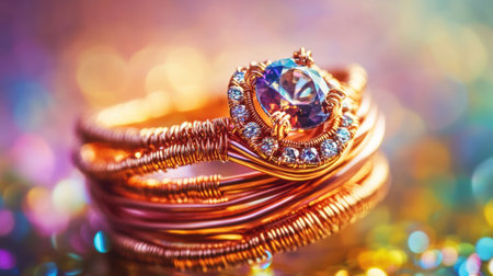 A stunning collection of artistic gold wire rings featuring sparkling gemstones, set against a vibrant and colorful background, evokes elegance and style.の素材