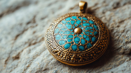 This stunning antique pendant features intricate turquoise inlay against a textured stone background, perfect for highlighting craftsmanship and beauty in jewelry photography.の素材