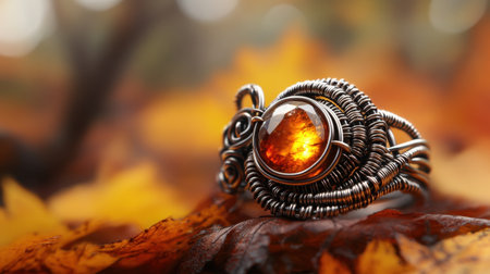 This stunning close-up showcases a handcrafted silver wire wrapped bracelet featuring a striking amber gemstone, set against a backdrop of vibrant autumn leaves.の素材