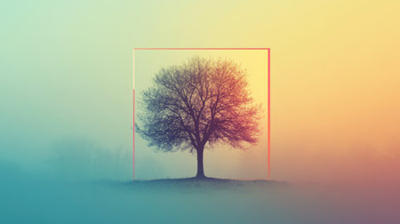 A tranquil tree silhouette emerges from a colorful haze at dawn, framed within a soft rectangular shape, creating a serene and artistic atmosphere.の素材
