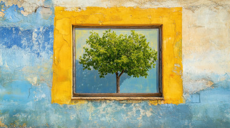 A vibrant green tree framed in a rustic window offers a stunning contrast against a colorful, weathered wall, blending nature with urban artistry.の素材
