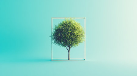 This captivating image portrays a lush green tree enclosed within a white frame, offset by a serene blue background, symbolizing harmony in nature and design.の素材