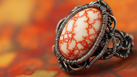 This captivating image features a beautifully crafted wire-wrapped ring showcasing a striking red and white gemstone, ideal for jewelry lovers.の素材
