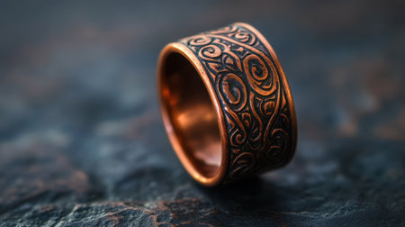 This stunning copper ring features intricate swirling patterns, showcasing exquisite craftsmanship against a dark textured backdrop, perfect for any occasion.の素材