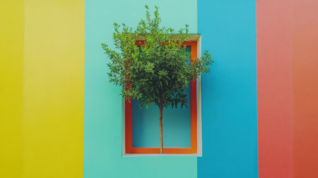 A vibrant green tree stands framed within a colorful square against a backdrop of bright, geometric walls, showcasing modern urban creativity and design.の素材