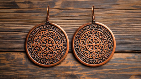 This image showcases elegant copper earrings featuring a detailed floral pattern, perfect for fashion accessories and handmade jewelry collections.の素材