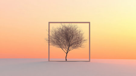 A solitary tree framed within a geometric shape stands against a soft pastel sunset, showcasing beauty, tranquility, and minimalistic artistry in nature.の素材