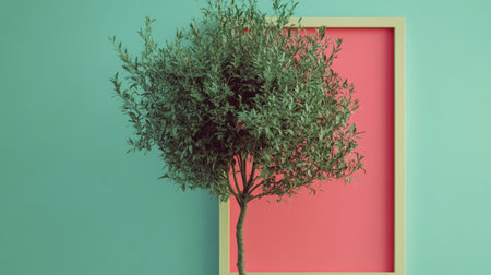 A striking indoor display featuring an olive tree set against a vibrant pink and green background, creating a fresh and modern aesthetic.の素材