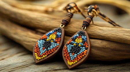 These colorful handmade beaded earrings showcase intricate designs and vibrant patterns. Perfect for fashion photography and showcasing unique craftsmanship.の素材
