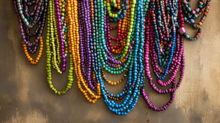 A stunning array of vibrant beaded necklaces hangs gracefully, showcasing a spectrum of colors against a rustic background, highlighting craftsmanship and creativity.の素材