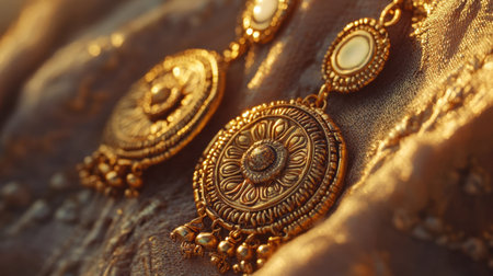 Discover the beauty of these elegant traditional earrings featuring intricate designs and a shimmering finish, set against a soft fabric background.の素材
