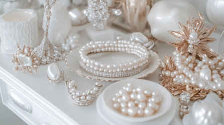 This artistic arrangement features a stunning collection of pearls and vintage jewelry, showcasing elegance and luxury on a stylish tabletop. Perfect for fashion and decor inspiration.の素材