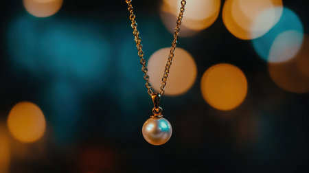 A captivating close-up of a pearl pendant necklace, showcasing its beauty against a blurred background of warm bokeh lights, perfect for fashion or jewelry themes.の素材