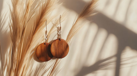 A stunning pair of wooden earrings elegantly displayed beside soft dried plants, casting beautiful shadows that enhance their natural charm and elegance.の素材