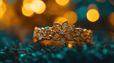 A stunning golden ring adorned with sparkling diamonds against a softly blurred background. Perfect for showcasing luxury and elegance in jewelry photography.の素材