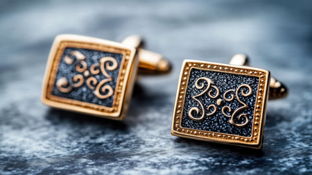 Close-up view of elegant gold cufflinks featuring intricate black designs, perfect for adding sophistication to any formal outfit or special occasion.の素材