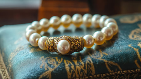 This stunning vintage pearl bracelet features intricate gold detailing, beautifully displayed on a luxurious textured background, showcasing elegance and sophistication.の素材