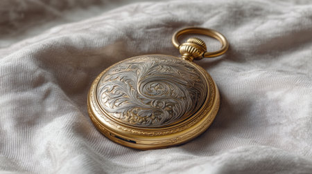 This stunning antique gold pocket watch features intricate floral engraving, showcasing exceptional craftsmanship and vintage elegance against a soft fabric backdrop.の素材