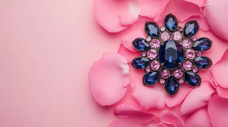 This stunning arrangement features an elegant brooch adorned with blue and pink gemstones, surrounded by soft pink petals, creating a romantic and sophisticated visual.の素材