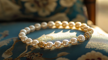 This stunning pearl necklace with golden accents rests gracefully on an ornate background, capturing the essence of elegance and luxury in soft natural light.の素材