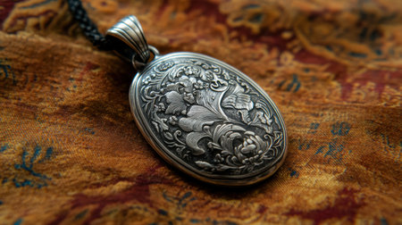 This stunning antique silver pendant features intricate floral engravings, resting elegantly on a richly textured fabric background. Perfect for jewelry lovers.の素材