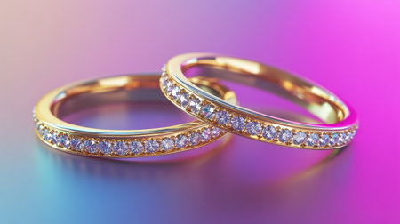 This stunning image showcases two elegant gold wedding bands adorned with sparkling diamonds, set against a colorful gradient background, symbolizing love and commitment.の素材