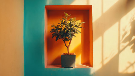 A charming indoor plant in a stylish pot sits in a vibrant wall niche, casting soft shadows and adding warmth and serenity to any space.の素材