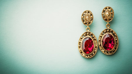 Beautiful gold earrings featuring rich red gemstones on a soft pastel background. This image captures the elegance and allure of jewelry design. Perfect for fashion, branding, or any decorative purpose.の素材