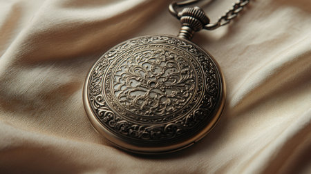 This exquisite vintage pocket watch showcases intricate detailing and craftsmanship, laying elegantly on soft fabric, embodying timeless beauty and classic charm.の素材