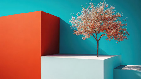 This vibrant abstract composition features a blooming tree against a backdrop of geometric shapes in striking colors. Perfect for modern art enthusiasts.の素材