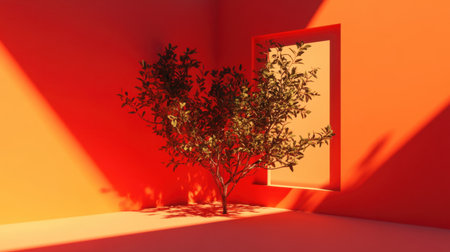 A vibrant and modern scene featuring a lush green plant set against a striking orange wall, with geometric shadows enhancing the inviting ambiance.の素材