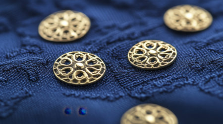 Explore the beauty of intricate gold decorative buttons resting on elegant blue fabric, showcasing delicate embroidery and artistry in design. Perfect for fashion and craft.の素材