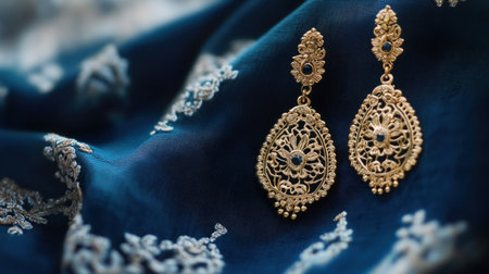 Discover the beauty of these elegant gold earrings featuring an intricate design. Perfectly set against a rich blue fabric, this image captures luxury and style.の素材
