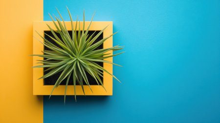 A stunning modern composition featuring a succulent plant in a vibrant yellow pot against a bright blue background. Ideal for decor inspiration.の素材