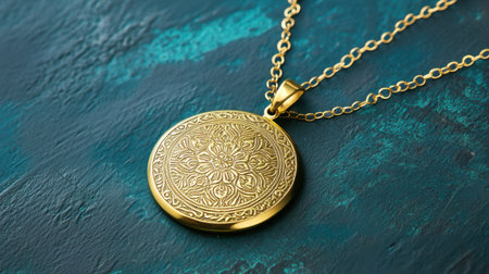 This elegant gold floral pendant necklace showcases intricate designs on a textured backdrop, perfect for adding a touch of sophistication to any outfit.の素材