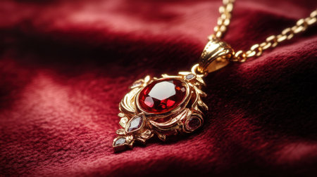 A stunning gold pendant featuring a vibrant red gemstone, set against a plush red velvet background, showcasing luxury, elegance, and intricate design.の素材