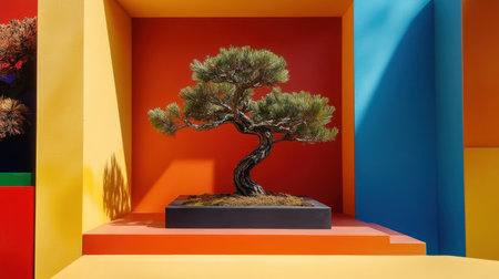 This stunning image features an elegant bonsai tree set against a vibrant, colorful background. The juxtaposition creates a perfect blend of art and nature, ideal for decor or gardening themes.の素材