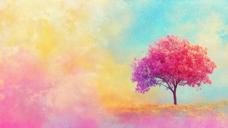 A stunning solitary tree adorned with vibrant pink blossoms stands out against a softly lit pastel sky, evoking feelings of serenity and beauty in nature.の素材