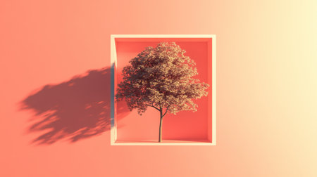 This artistic image features a cherry blossom tree enclosed in a minimalist frame, set against a soft coral background, creating a serene and tranquil atmosphere.の素材