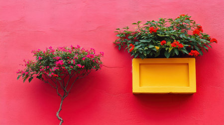 A striking image featuring a vibrant pink wall adorned with a colorful flower pot and lush greenery, embodying urban beauty and decorative charm.の素材