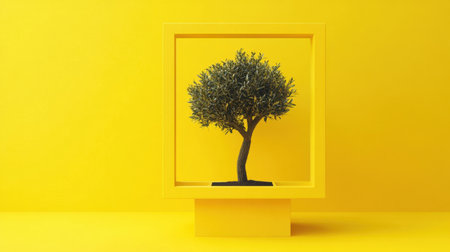 This image showcases a stylized olive tree set against a vibrant yellow background framed in a square, ideal for modern decor inspiration and creative projects.の素材
