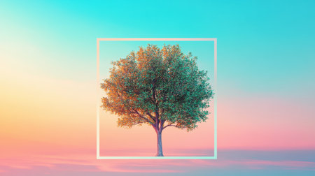 A striking image of a vibrant tree silhouette framed within a minimalist square, set against a colorful gradient background that evokes joy and tranquility.の素材